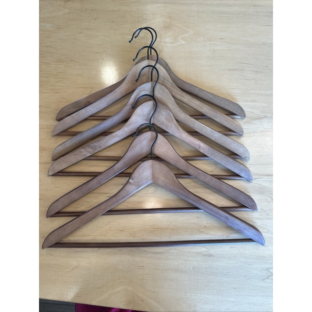 Vintage Wooden Clothes Hangers Standard Size Brown Metal Adult Lot Of 6 Suits